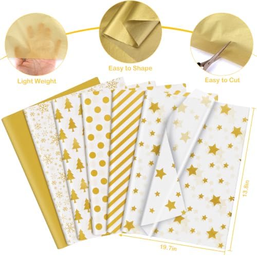 Blisstime 120 Sheets Gold Tissue Paper Gift Wrap Bulk, 19.5" x 13.6" Christmas Tissue Paper for Wrapping, 6 Assorted Designs Golden Stars Snow Dots for Christmas Gift Bags, DIY and Craft