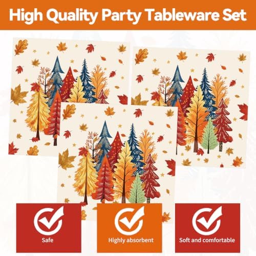 50Pcs Fall Plates and Napkins Party Supplies, Disposable Autumn Tree Paper Plates Napkins Tableware Set for Thanksgiving Theme Harvest Friendsgiving Party Decorations