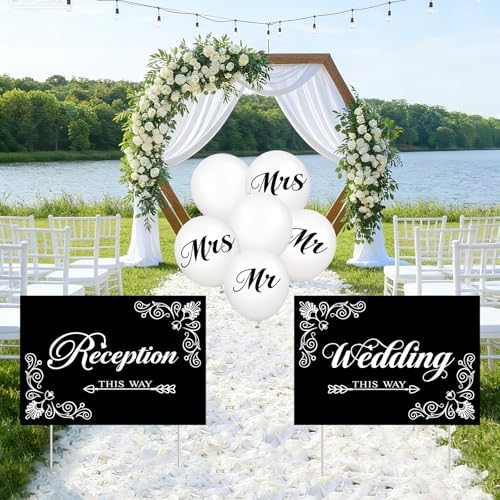 2 Pcs Wedding Reception Signs with 6 White Balloons, Set of 2 Double-Sided Directional Arrow Yard Signs with Metal Stakes, Waterproof Plastic Outdoor Decor Kit for Ceremony and Parking