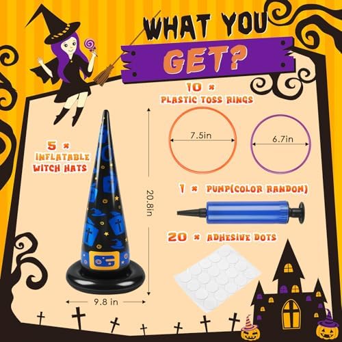 Halloween Ring Toss Games, 17PCS Inflatable Witch Hats Ring Toss Set with Plastic Rings Air Pump for Party Games Super Fun Halloween Games Activities for Kids Adults Indoor Outdoor