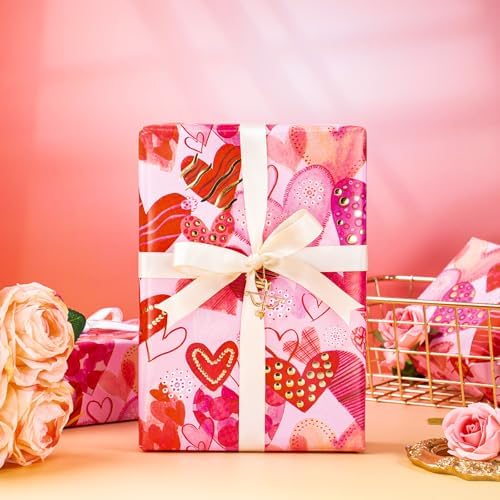 WRAPAHOLIC Valentines Day Wrapping Paper Roll - Mini Roll - 17 Inch x 16.5 Feet - Sweet Heart Wrapping Paper with Gold Foil Design for Valentine's Day, Anniversary, Birthday, Wedding, Baby Shower
