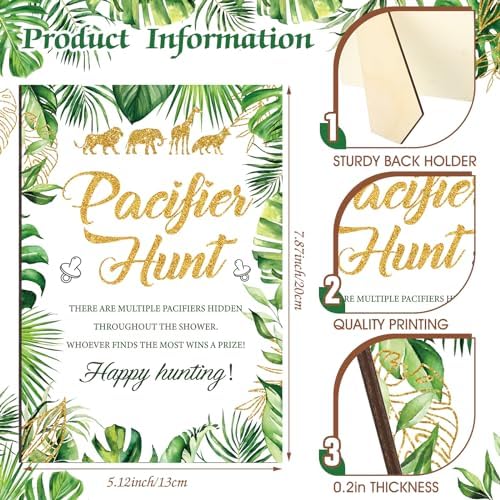 Thyle 51 Pcs Safari Jungle Animals Pacifier Hunt Baby Shower Games Include Hunt Sign and 50 Acrylic Pacifiers for Wild Animals Baby Shower Game Decoration Gift Sets Gender Reveal Party Decor