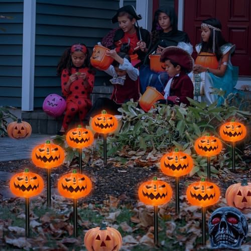 BRIGHTDECK Halloween Solar Pathway Lights Outdoor, LED Decor, Light Up Solar Stake Lights for Holiday, Halloween, Walkway, Sidewalk (Flat Pumpkin, 10-Pack)
