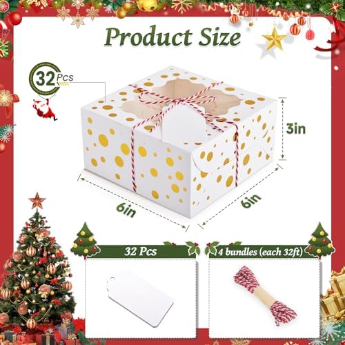 32Pcs 6x6x3 in Christmas Cookie Boxes with Window, White Gold