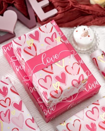 MAYPLUSS Pink Wrapping Paper, Heart Gift Wrap Paper Roll Reversible Love for Girl Women Anniversaries, Wedding Shower, Engagement, Romantic Celebration, Mothers Day, 17IN x 33FT