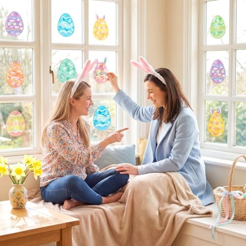 Renbuzhu 48PCS Easter Crafts Bulk: Eggs Paper Suncatchers DIY Kit for Activities Decorations, Window Stained Glass Effect Art Ornaments