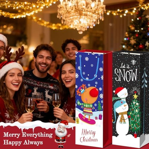 Xylitic 12 Pack Christmas Wine Bags Bulk with Handles, Holiday Wine Gift Bags for Bottles, Birthday Xmas Party Supplies, Drinkers Present (4.7” x 3.5” x 14”)