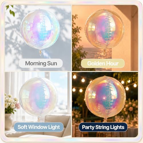 12Pcs Iridescent Round Foil Balloons, 4D Holographic Clear Ball Balloons