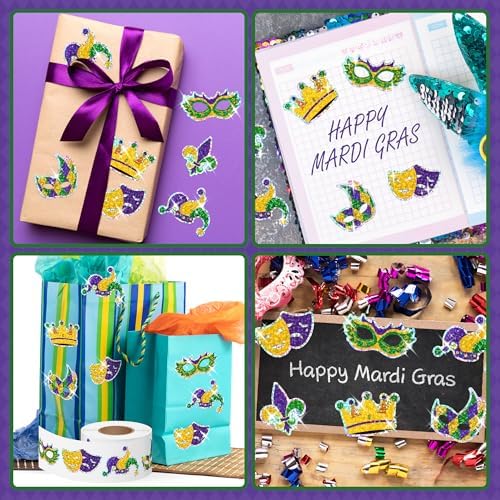 500Pcs Mardi Gras Stickers Roll Holographic Laser Yellow Green Purple Fleur de Lis Waterproof Self-Adhesive Decals for New Orleans Carnival Holiday DIY Crafts Party Favors Gifts Envelope Journal Decor