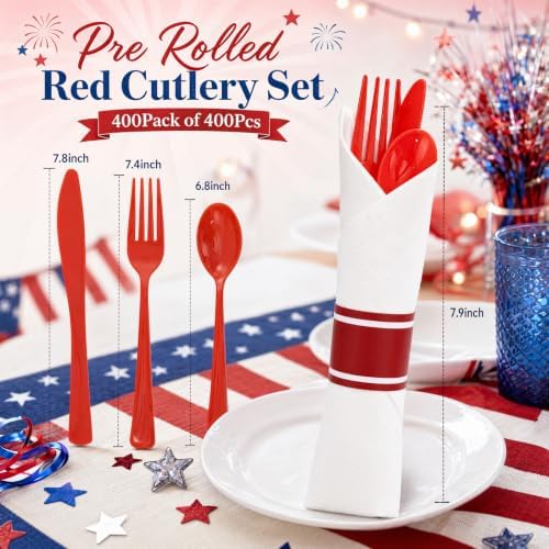 Liacere 400PCS Pre Rolled Red Silverware and Napkin - Disposable Red Plastic Utensils-Wrapped Plastic Cutlery Set with Napkin:100Forks,100Knives,100Spoons,100Napkins for Party & Independence Day