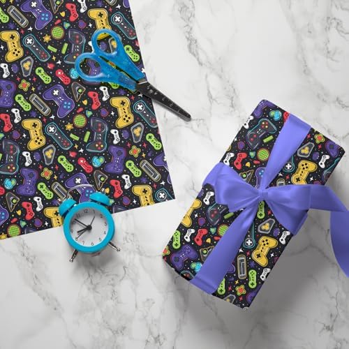 Cuitpan Gaming Wrapping Paper - 4 Jumbo Sheets, 28 * 40 Inches, Video Game Console and Black Starry Sky Design, for Boys Birthday, Gaming Party & Holiday Gifts