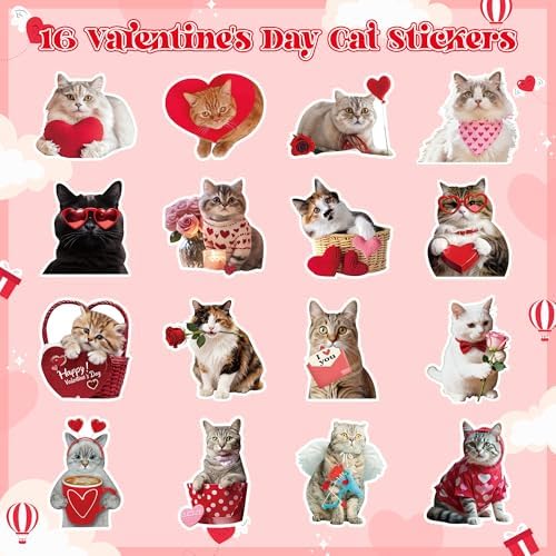 H1vojoxo Valentine’s Day Sticker Rolls - 1000PCS Valentine’s Day Holiday Cat Stickers for Kids Classroom 16 Design Valentines Cute Cat Sticker for Craft Valentines Funny Cats Stickers for Envelope