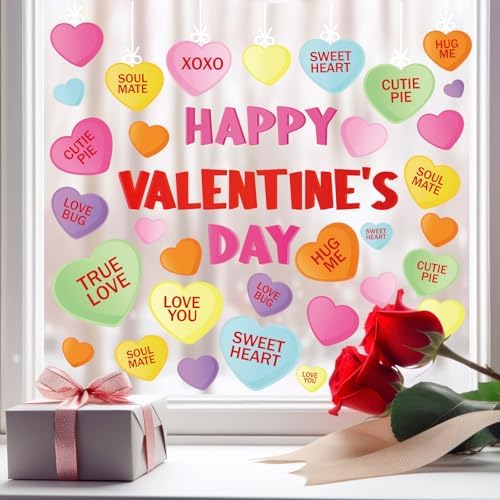 Whaline Happy Valentine's Day Window Clings Conversation Candy Heart Window Decals Double-Side Glass Decals for Home Party Supplies, 7.9 x 11.8 Inch, 9 Sheets