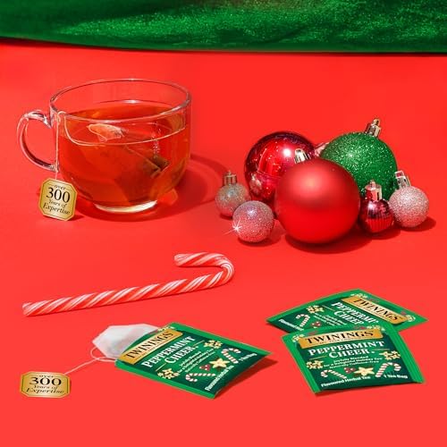 Twinings Peppermint Cheer Herbal Tea Individually Wrapped Bags, 20 Count (Pack of 1), Peppermint & Vanilla, Naturally Caffeine-Free, Enjoy Hot or Iced, 20 Teabags