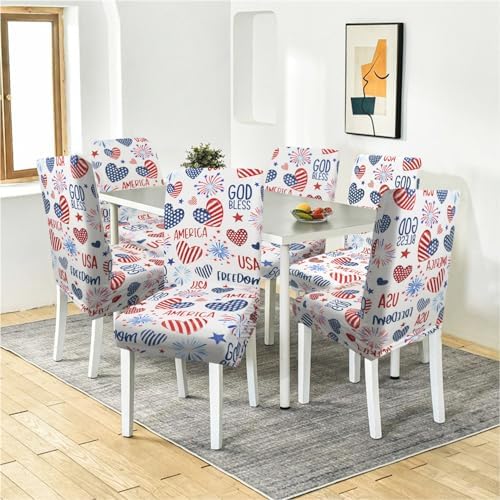 Independence Day Dining Room Chair Covers Set of 6,4th of July Fireworks Hearts Dining Chair Cover,Stretchy Removable Washable Dining Chair Cover,Suitable for 4th of July Kitchen Dining Room Decor
