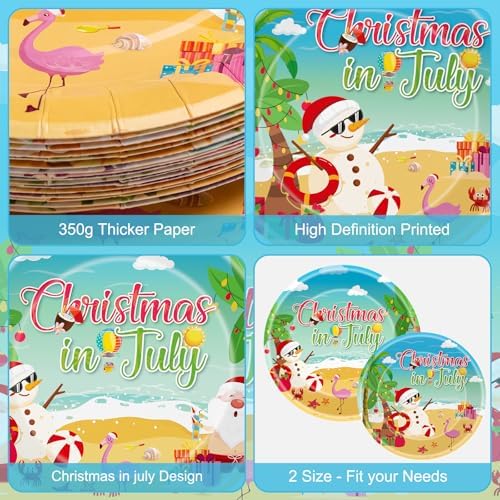 Litmitfu 24 Pcs Christmas in July Plates Set - Blue Summer Themed Paper Plate, Disposable Xmas Round Dinner Dessert Plates Tableware for Christmas in July Party Supplies Favors Table Decorations