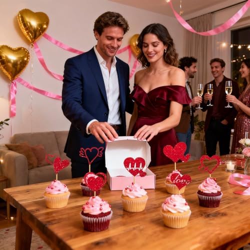 24Pcs Valentine's Day Cupcake Toppers, Glitter Red Heart Cake Decorations