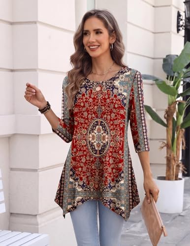 Zeagoo Womens Tops 3/4 Sleeve Loose Fit Dressy Tunics Plus Size Boho Shirts