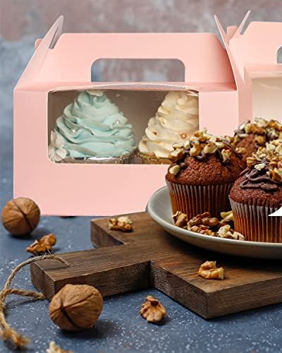 qiqee Pink Cupcake Box Two Holder 6.5x3.6x3.5inch(2.2" Top) 50pcs 2 Cupcake Boxes With Window