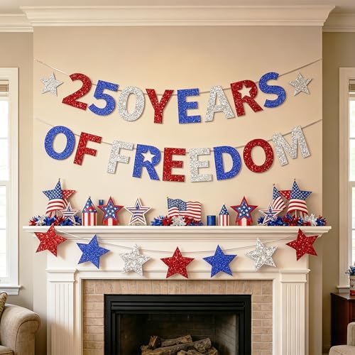 4th of July Decorations - USA 250th Anniversary - Independence Day Glitter Banner Set, 250 Years of Freedom Patriotic Party Supplies, Banners for 2026 Celebration