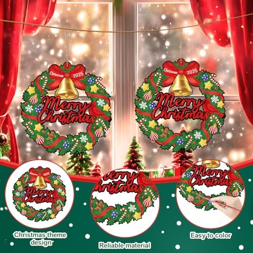 Sereliy 24 Pcs Christmas Coloring Wreath Crafts, Color Your Own Christmas Crafts, DIY Paper Xmas Wreath for Classroom Activities, Games. (Bell)