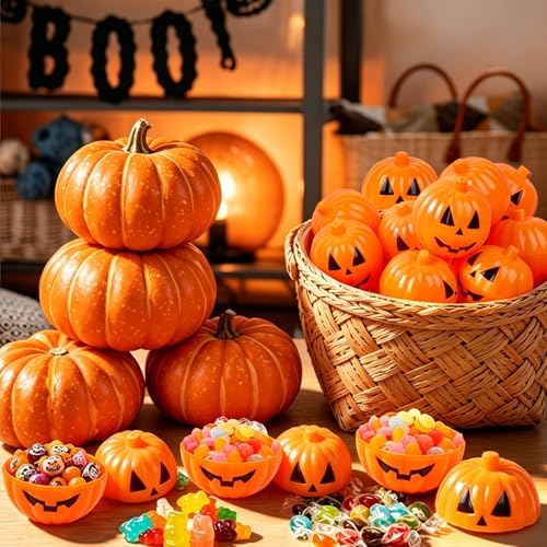 FOIMAS Halloween Pumpkin Candy Box, 36pcs Mini Plastic Pumpkin Containers Fillable Candy Treat Storage Box for Trick or Treat Halloween Party Decoration Storing Packaging Snacks Crafts Accessories