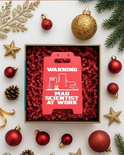 Mad Scientist at Work Warning Sign, Funny Halloween Mad Scientist Decor for Office Classroom Lab, Science Teacher Gift, Chemistry Lab Decor, STEM Gifts for Coworkers Engineers-Red