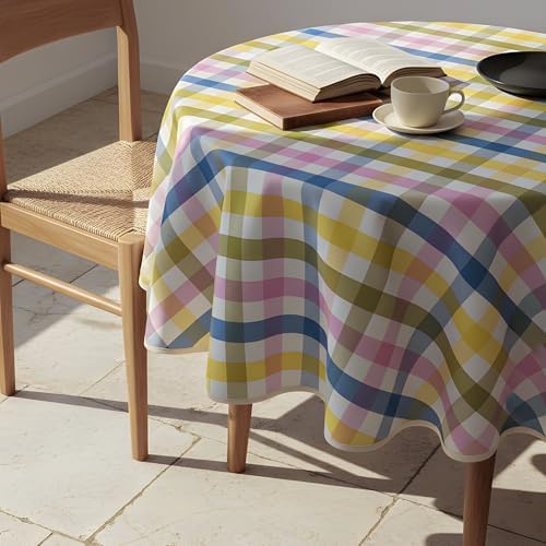 Easter Waterproof Polyester Tablecloth, Pastel Checkered Fabric Table Cover for Spring Party, Kitchen Dining Decor, Easy Care Cloth Tablecloth for Indoor Outdoor Use, 60" Round