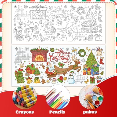 Christmas Coloring Tablecloth 31×72 Inch, Large Table Cover with Santa Claus, Reindeer, Paper Drawing Poster with Christmas Tree, Snowflakes and Gift Designs, Holiday Party Activity and Crafts