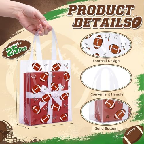 Pajean 24 Pcs Football Plastic Gift Bags with Handles, 5.9 x 8.7 x 3.1 Inch Rugby PE Treat Bags, Brown Football Theme Goodie Pouches for Classroom Exchange, Sport Game Day Party Supplies Decoration