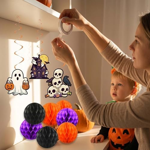 17 Pcs Halloween Party Decorations Indoor, Purple Orange Black Happy Halloween Banner Tissue Pom Poms Hanging Swirls, Spooky Cute Room Ceiling Wall Decor Supplies
