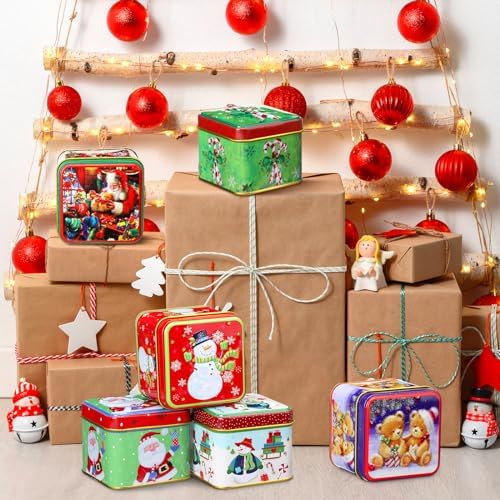 Domensi 24 Pcs Christmas Cookie Tins with Lids Square Candy Metal Cookie Tins Empty Retro Xmas Metal Gift Box Large Capacity Xmas Tin Containers for Holiday Storing Cookies Candies Treat (square)