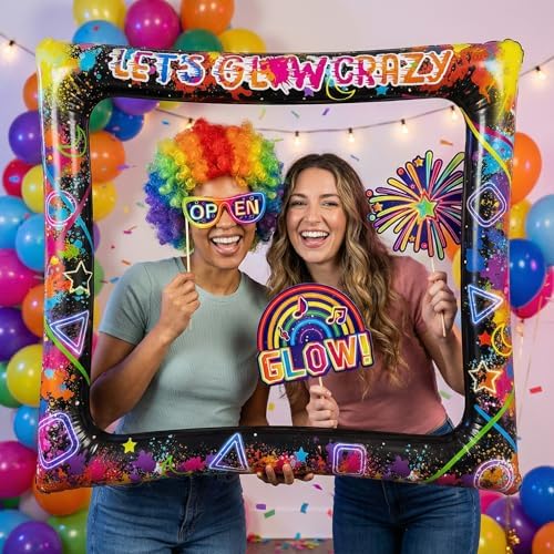 Glow Neon Inflatable Photo Frame & Props, 30Pcs Neon Photo Booth Props with Let's Glow Crazy Inflatable Selfie Picture Frame for Neons Disco Black Light Party Supplies