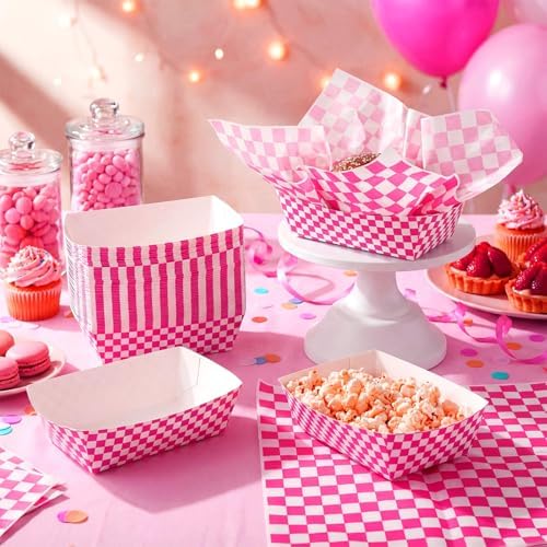 Geosar 100 Pcs Gingham Paper Food Tray with Wax Paper,Fuchsia White