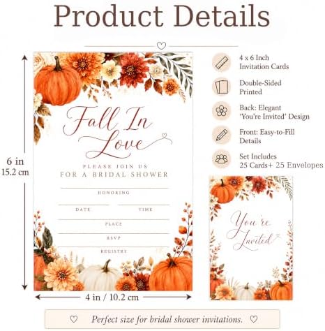Fall in Love Bridal Shower Invitations, Fill In Style Invites With Envelopes for Fall Wedding Reception, Floral Pumpkin Bridal Shower Invitations, Bride To Be Double-Sided Invite Cards, 4 x 6 Inch Set of 25-A03