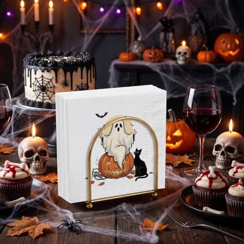 RUSPEPA 25 Pcs Halloween Ghost Napkin Paper, 3 Ply Cute Ghost Pumpkin and Black Cat Design Disposable Cocktail Napkins for Halloween Party, Spooky Table Decor, Birthday, 5 x 5 Inch
