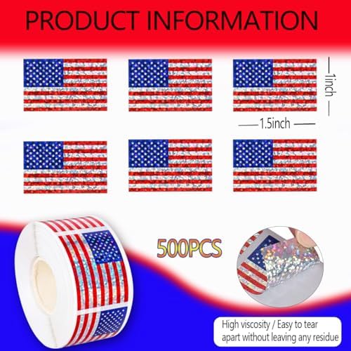 500 Pcs 4th of July Patriotic Flag Stickers 1 * 1.5In American Sticker Fourth of July Label Laser Glitter USA Stickers for Independence Day Party Supplies Envelope Scrapbook Decorations