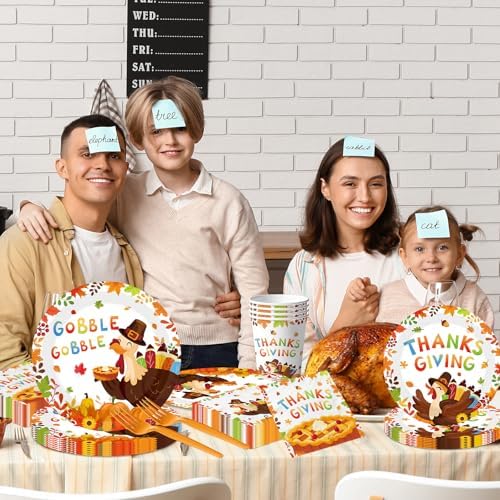 Thanksgiving Turkey Party Tableware Decorations Happy Thanksgiving Day Gobble Turkey Pie Disposable Paper Plates,Napkins,Cups,Forks and Knifes,Serve 24 for Autumn Themed Party Supplies Kit
