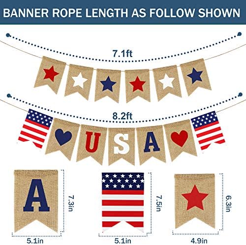 USA Banner Burlap 4th of July Decorations Rustic Patriotic Banner Red White Blue Stars Bunting Garland for President Day 4th of July Party Supplies 4th of July Patriotic Outdoor Indoor hanging Decor