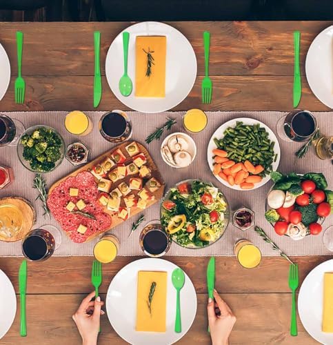 HEIPINIUYE 75 Pack Green Clear Plastic Cutlery Heavy Duty Clear Green Plastic Knives Forks and Spoons Disposable Silverware Set for 25 Guest Camping Birthday Baby Shower Party Utensil Set