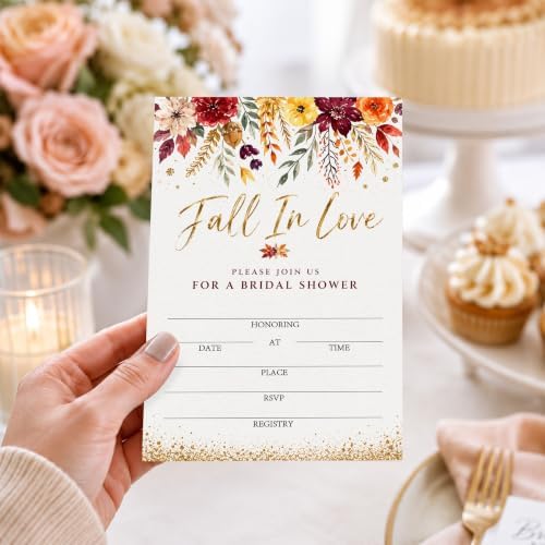 Fall in Love Bridal Shower Invitations, Fill In Style Invites With Envelopes for Fall Wedding Reception, Watercolor Floral Bridal Shower Invitations, Bride To Be Double-Sided Invite Cards, 4 x 6 Inch Set of 25