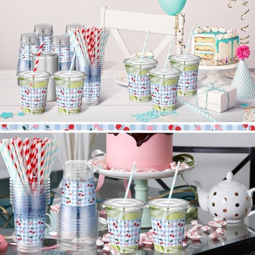 Jingmore 50 Pcs Cherry Plaid Party Disposable Plastic Cups 12 oz with Lids Straws Themed Party Supplies Plastic Tumbler for Birthday Table Decorations Favors(Red and Blue)