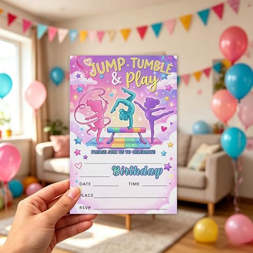 Gymnastics Birthday Invitation Girl, Pink Purple Gymnastics Double-Sided Fill In Style Invites with Envelopes for Birthday, Jump Party Invitation For Girls, Teens, Bday Party Favor & Decoration