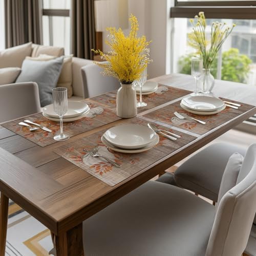 Artoid Mode Wood Pumpkin Leaves Fall Vinyl Placemats Set of 6, Wipeable Woven PVC Table Mats for Thanksgiving Farmhouse Party Kitchen Dining Decor