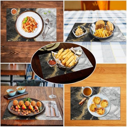 Black and Grey Placemats Set of 6, 12x18 Inch Abstract Modern Marble Pattern Printed Golden Stripe Linen Coffee Table Mats for Party Kitchen Dining Decoration