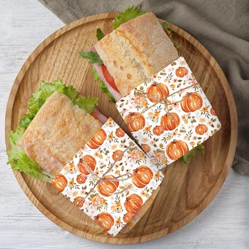 JarThenaAMCS 150 Pcs Fall Floral Pumpkin Wax Paper Orange Sandwich Wrap Paper Tissue Waterproof Oil-Proof Picnic Liners for Autumn Thanksgiving Party Kitchen Supplies, 9.8 x 8.3 In