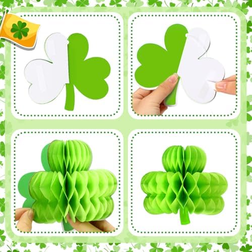 Gueevin 30 Pcs St Patricks Day Hanging Decorations St. Patrick's Day Honeycomb Balls Shamrock Honeycomb Paper Irish Ceiling Decor for Table Centerpiece Birthday Home Spring