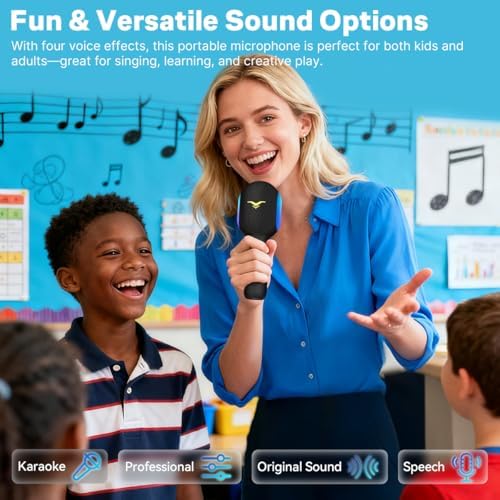 Bluetooth Karaoke Microphone, Portable Car Karaoke Microphone with Duet Mode, Dynamic Lights, Built-in Speaker, Vocal Remover, Music Recording, Gift for Adults & Kids, Wireless Karaoke Mic for Home