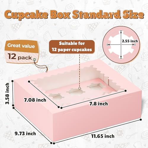 RYDDOY 12 Pack Pink Cupcake Boxes, Hold 12 Count Cupcake, Cupcake Carriers
