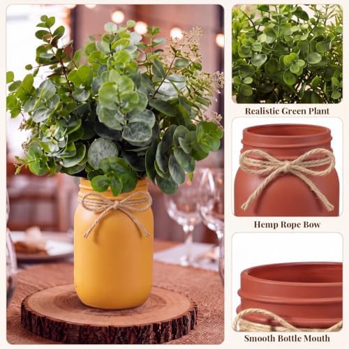 Unittype 3 Pack Boho Mason Jars Centerpiece for Table Farmhouse Wood Tray with 3 Painted Jars and Fake Eucalyptus Plants Rustic Coffee Table Centerpiece for Dining Room Kitchen Living Bathroom
